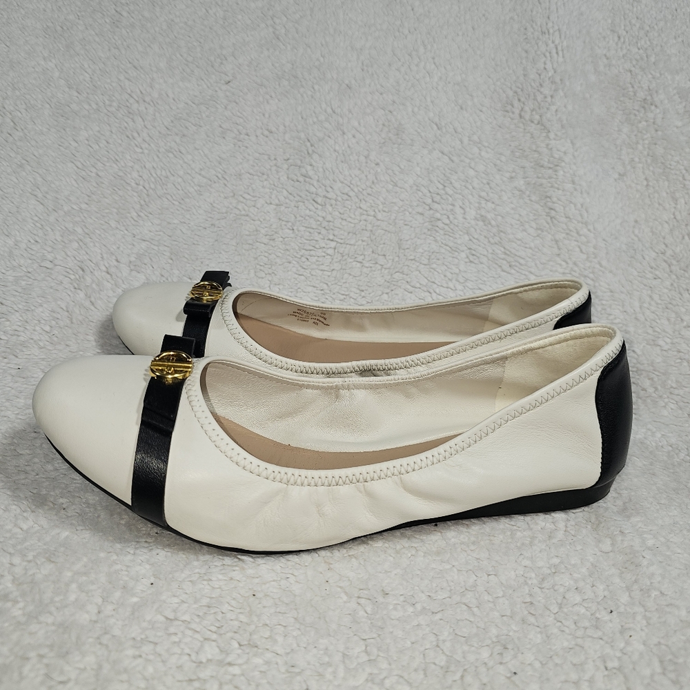 Cole Haan White and Black Leather Ballet Flats with Gold Accent